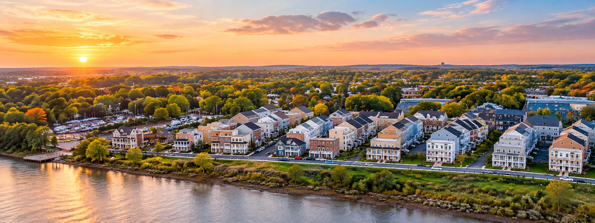 AI-generated illustration of a riverside neighborhood at sunset